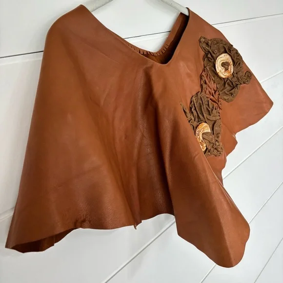 Handmade Vinatge Soft Brown Leather with Ceramic detail Poncho Topper - Picture 2 of 16
